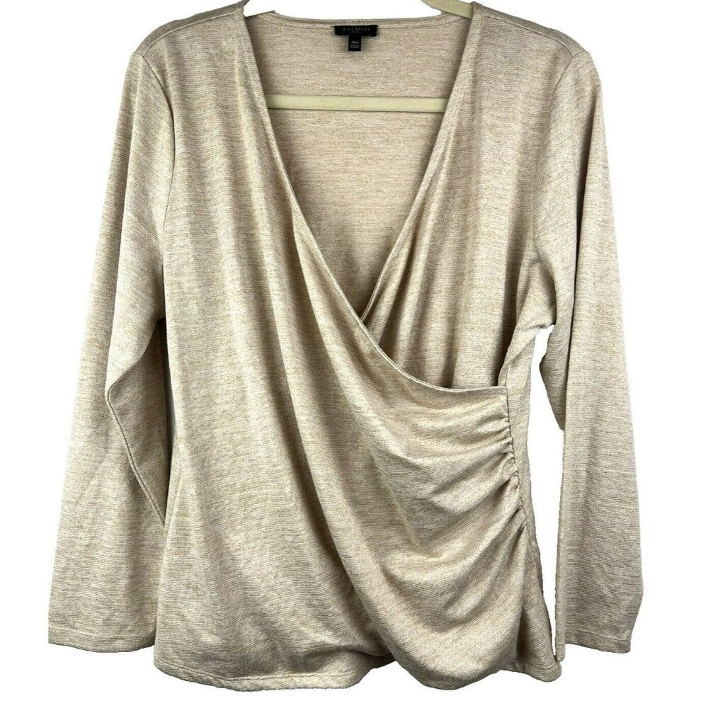 Talbots Faux Wrap Blouse Cardigan Women’s P XL  Long Sleeve Gold‎ Shimmer Solid
